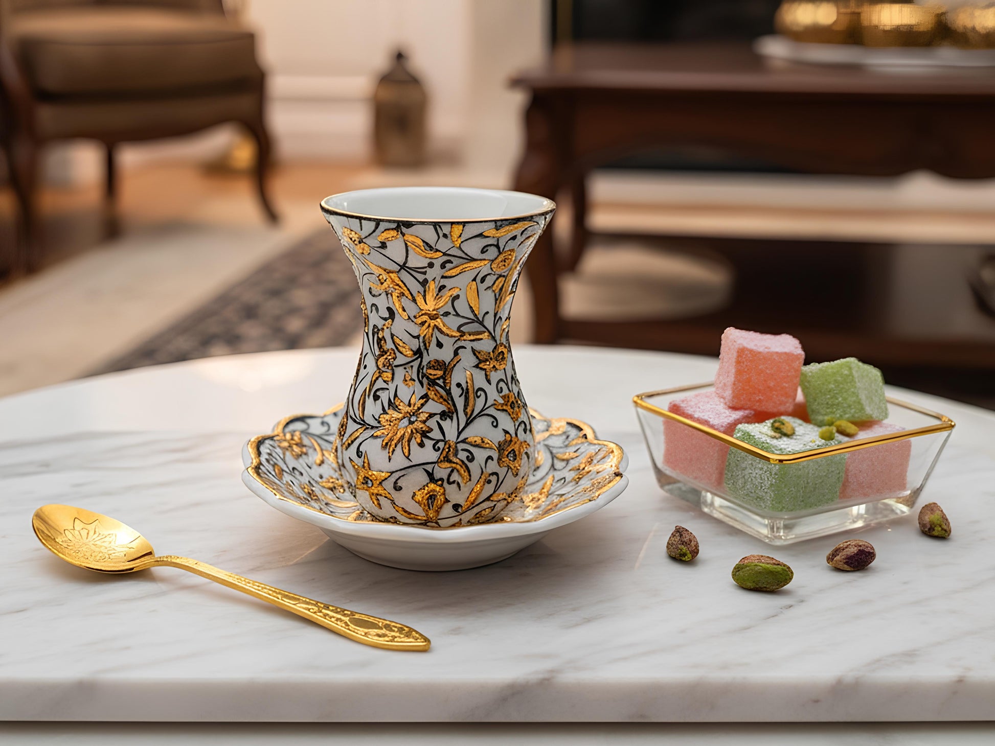 Decorative teacup with gold patterns on a marble surface, accompanied by a spoon and small desserts.