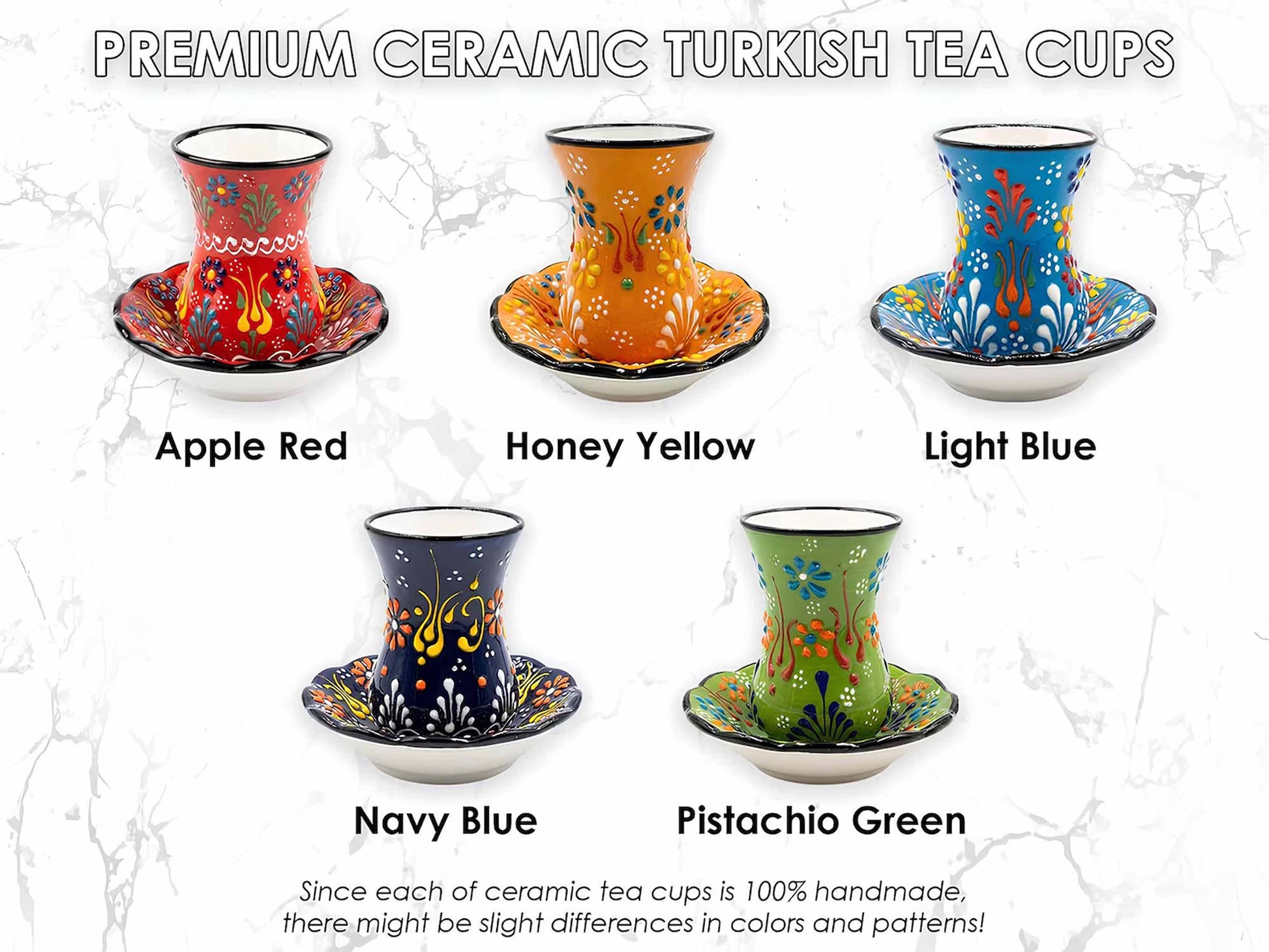 Set of five ceramic Turkish tea cups in different colors with labels on a white background.