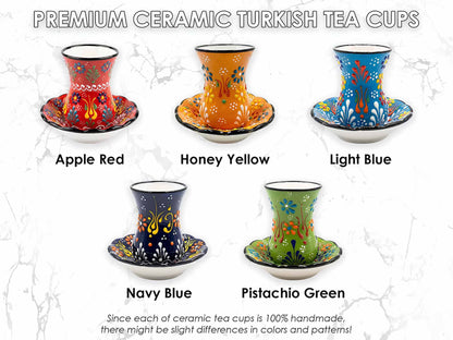 Set of five ceramic Turkish tea cups in different colors with labels on a white background.