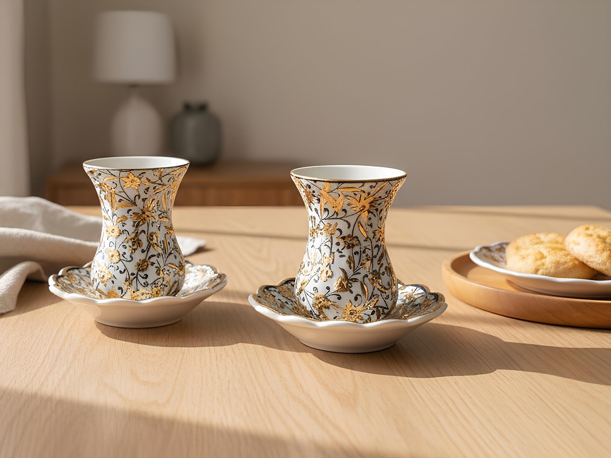 Two ornate ceramic cups with saucers on a wooden table.