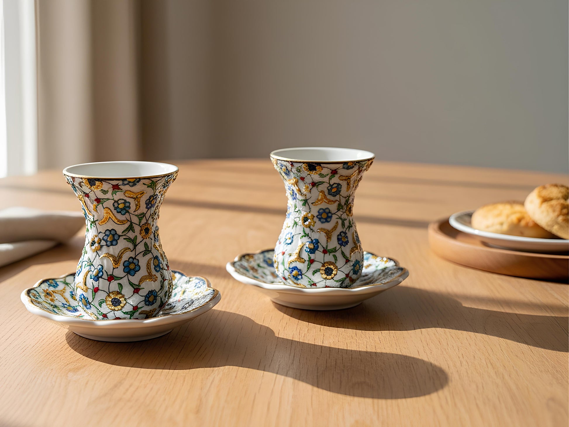 Two floral-patterned ceramic cups with saucers on a wooden table.