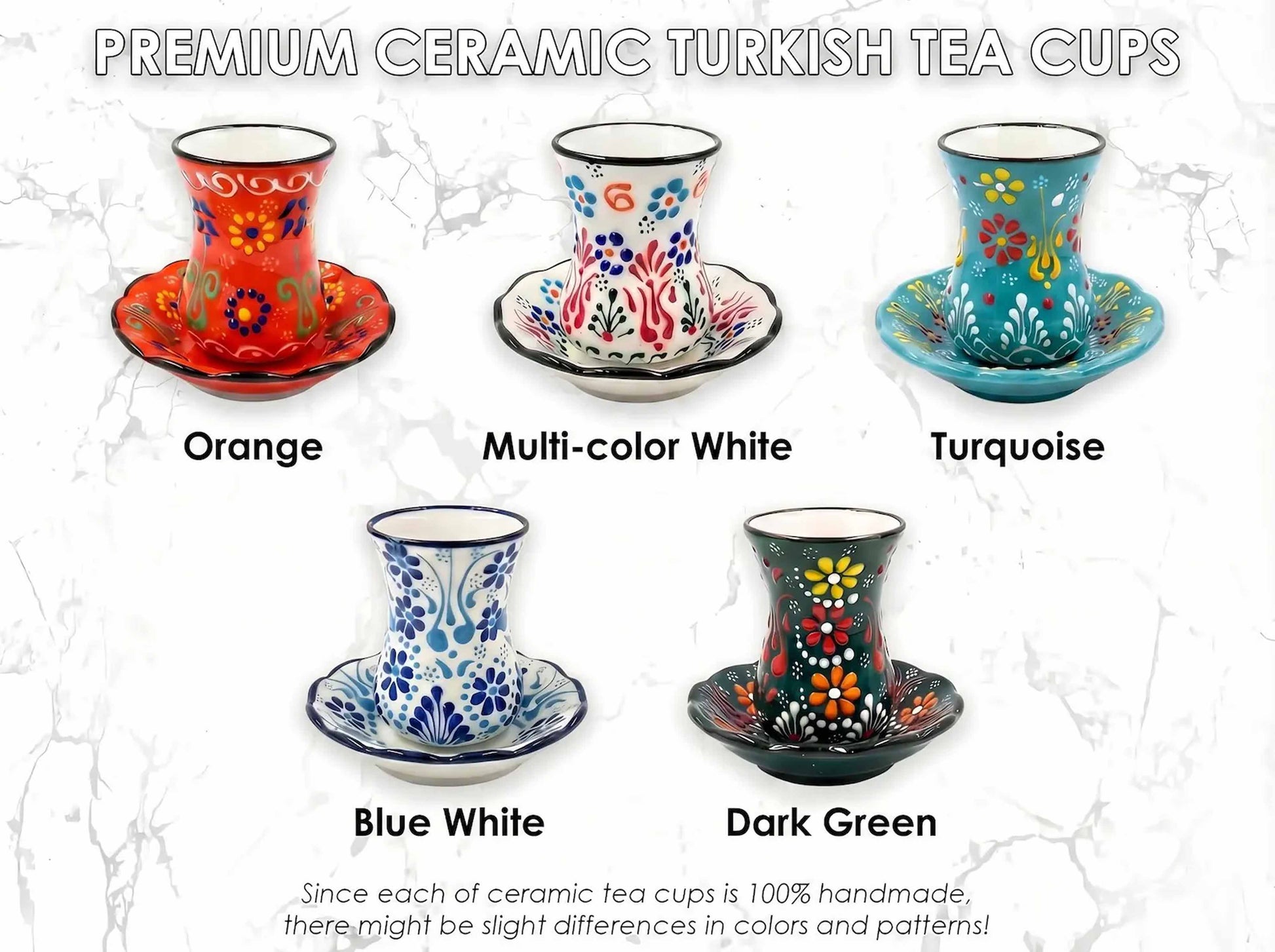 Collection of premium ceramic Turkish tea cups in various colors with saucers on a white background.