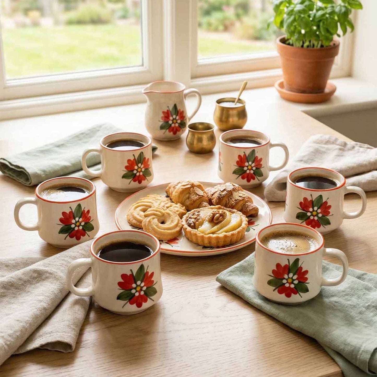 Set of floral-patterned mugs with coffee on a table with pastries and a plant in the background.