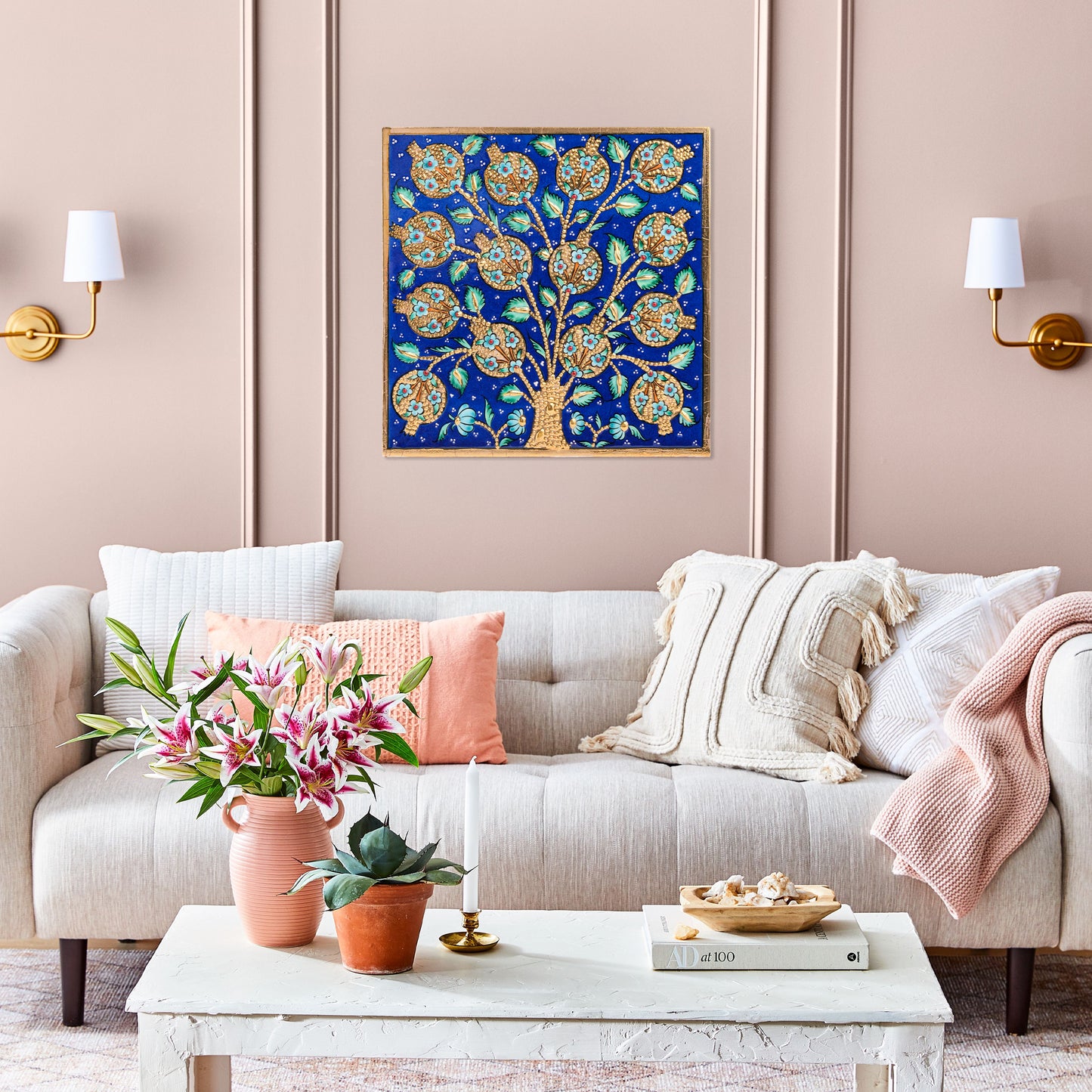Handmade Ceramic Tile, Blue Pomegranate Tree Tile