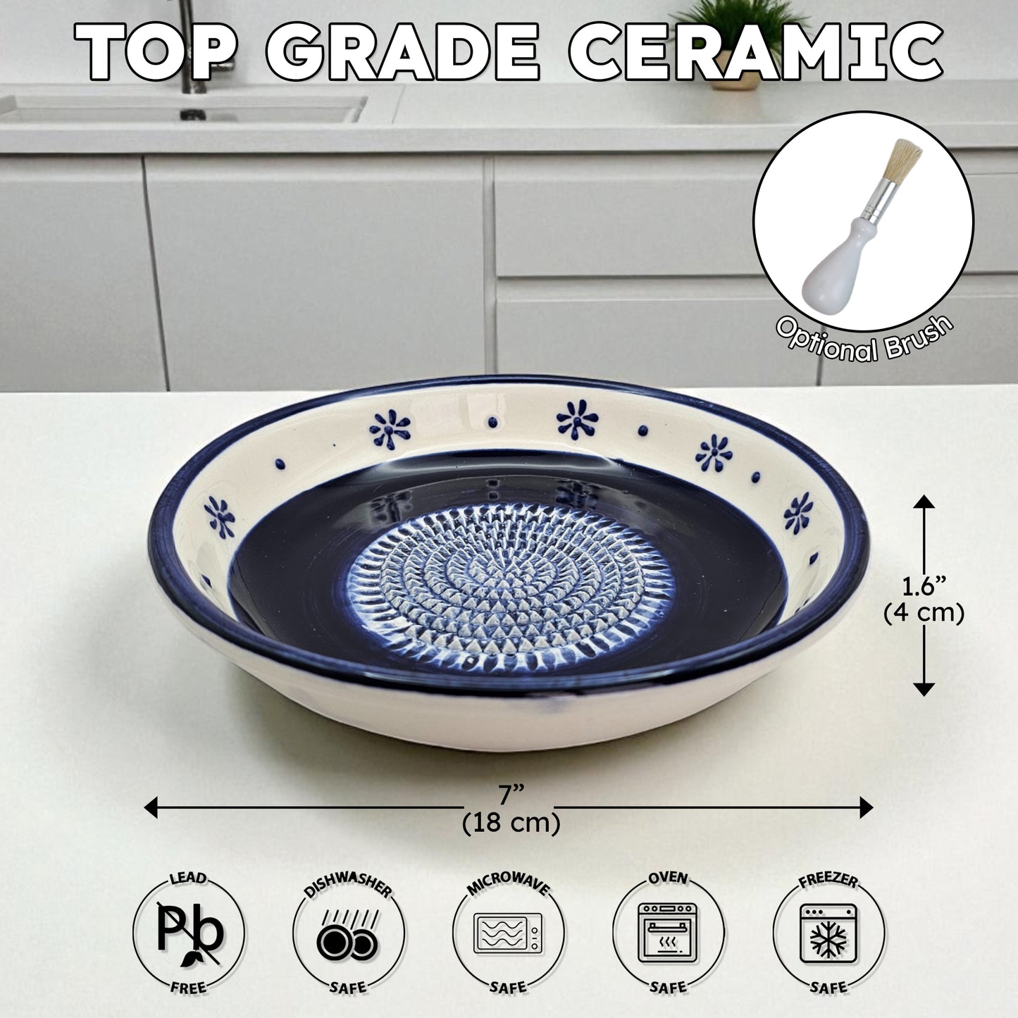 Garlic Grater Bowl, Daisy Navy Grater Plate, 7" Ceramic Garlic Grinder, Decorative Grater Bowl
