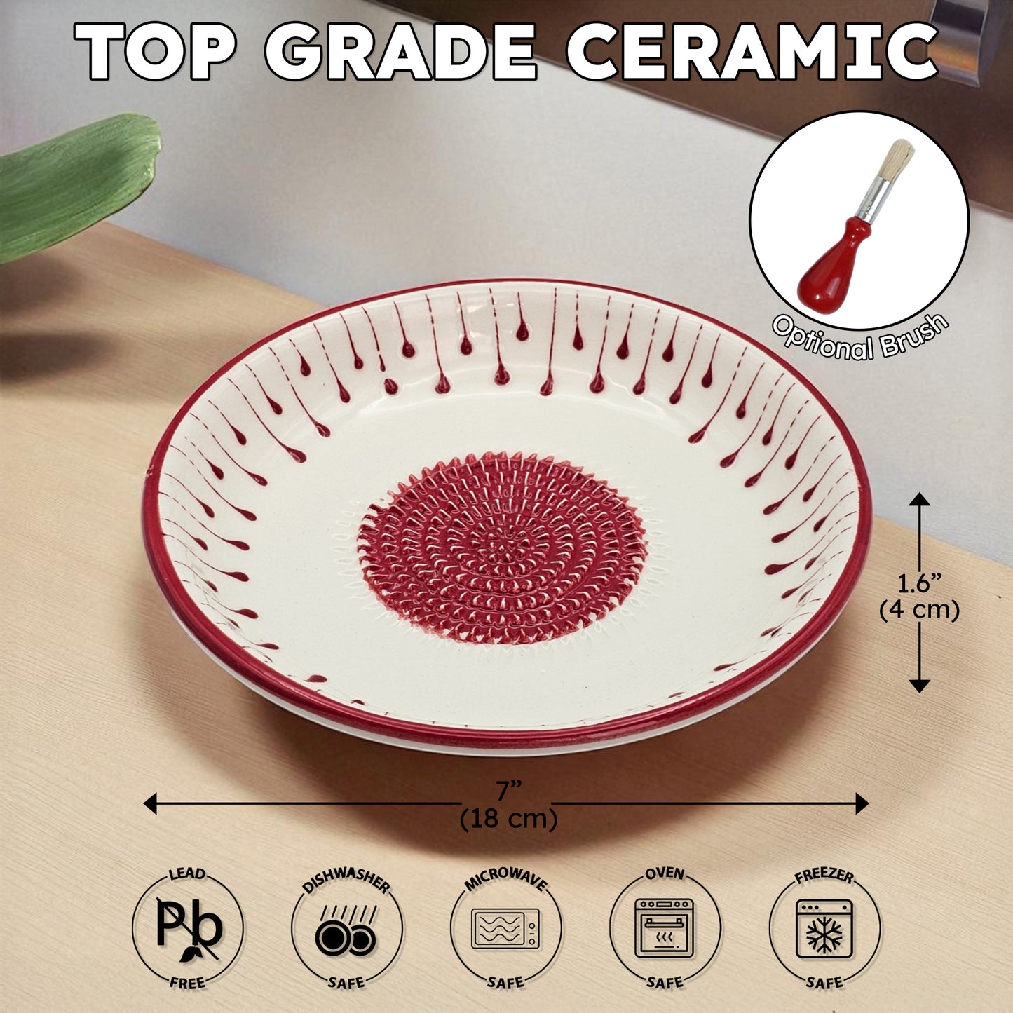 Garlic Grater Bowl, Red Drops Grater Plate, 7" Ceramic Garlic Grinder, Decorative Grater Bowl