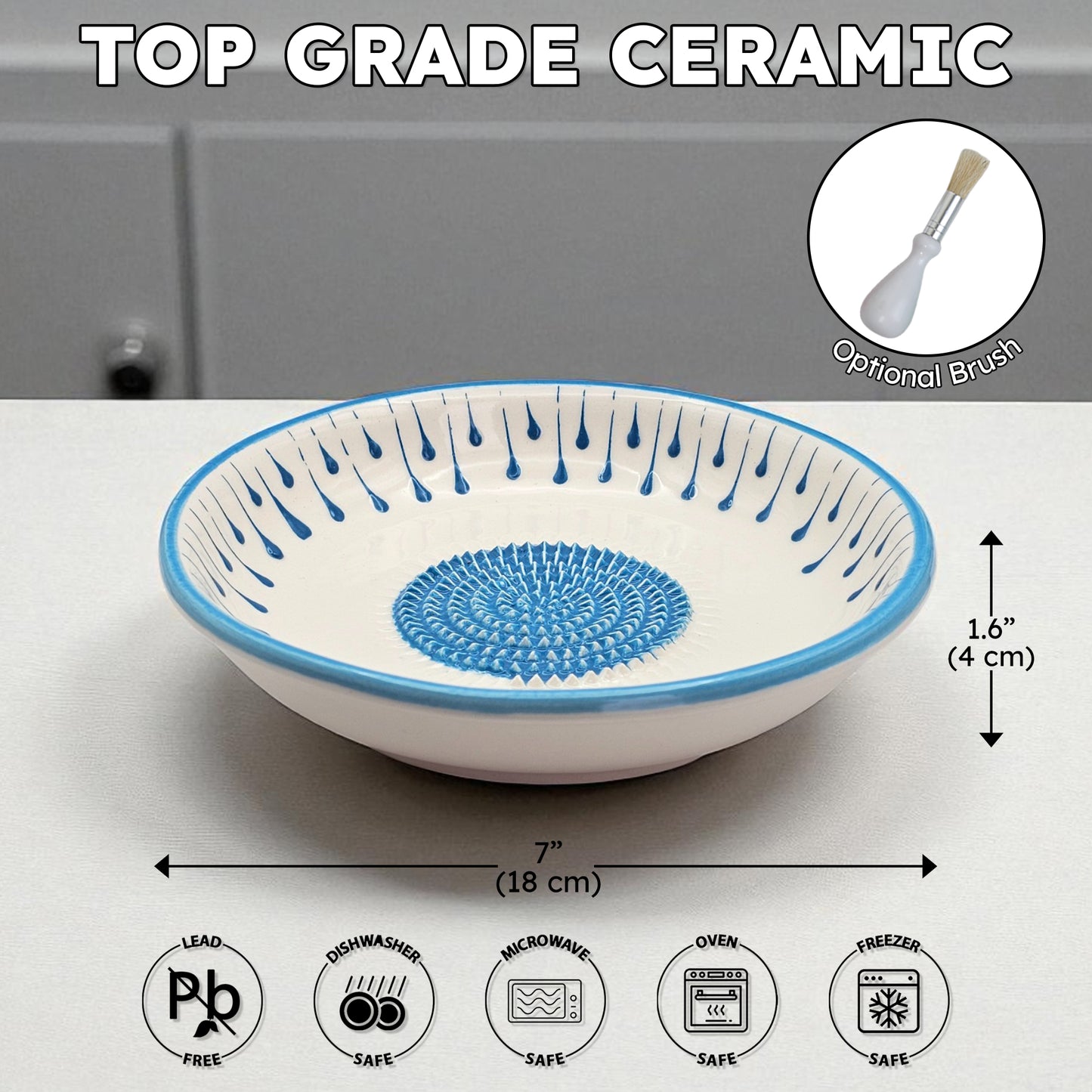 Garlic Grater Bowl, Blue Drops Grater Plate, 7" Ceramic Garlic Grinder, Decorative Grater Bowl