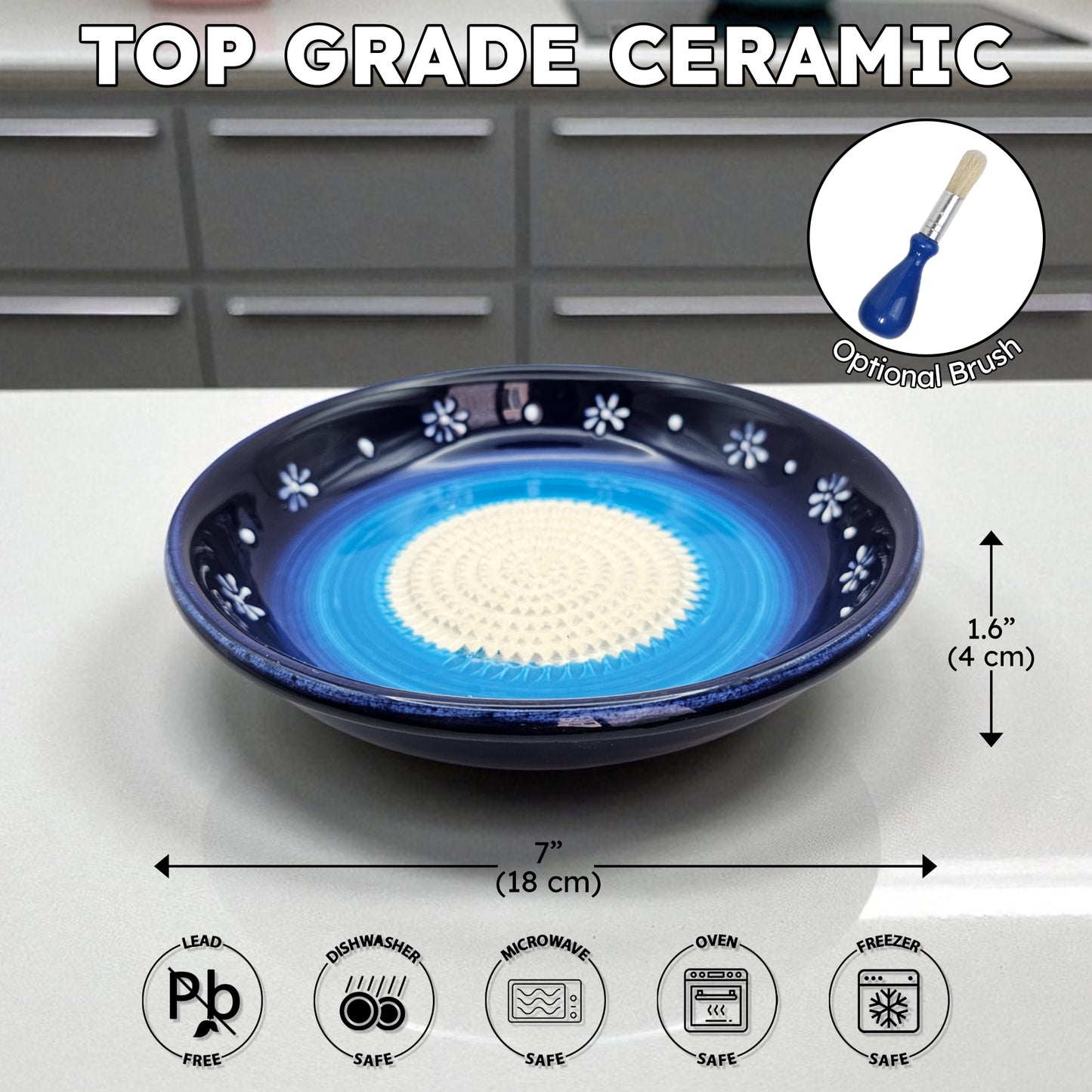 Garlic Grater Bowl, Daisy Blue Grater Plate, 7" Ceramic Garlic Grinder, Decorative Grater Bowl