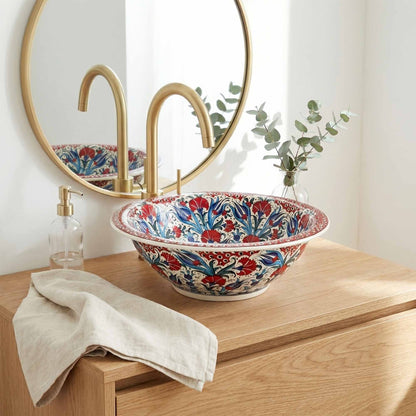 Anatolian Bloom Ceramic Vessel Sink, Handpainted Turkish Bathroom Basin