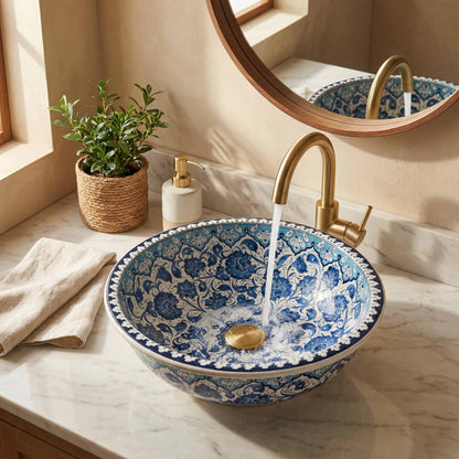 Azure Garden Ceramic Vessel Sink, Handpainted Blue Floral Bathroom Basin
