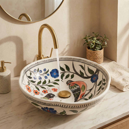 Songbird Garden Ceramic Vessel Sink, Handpainted Bird Bathroom Basin