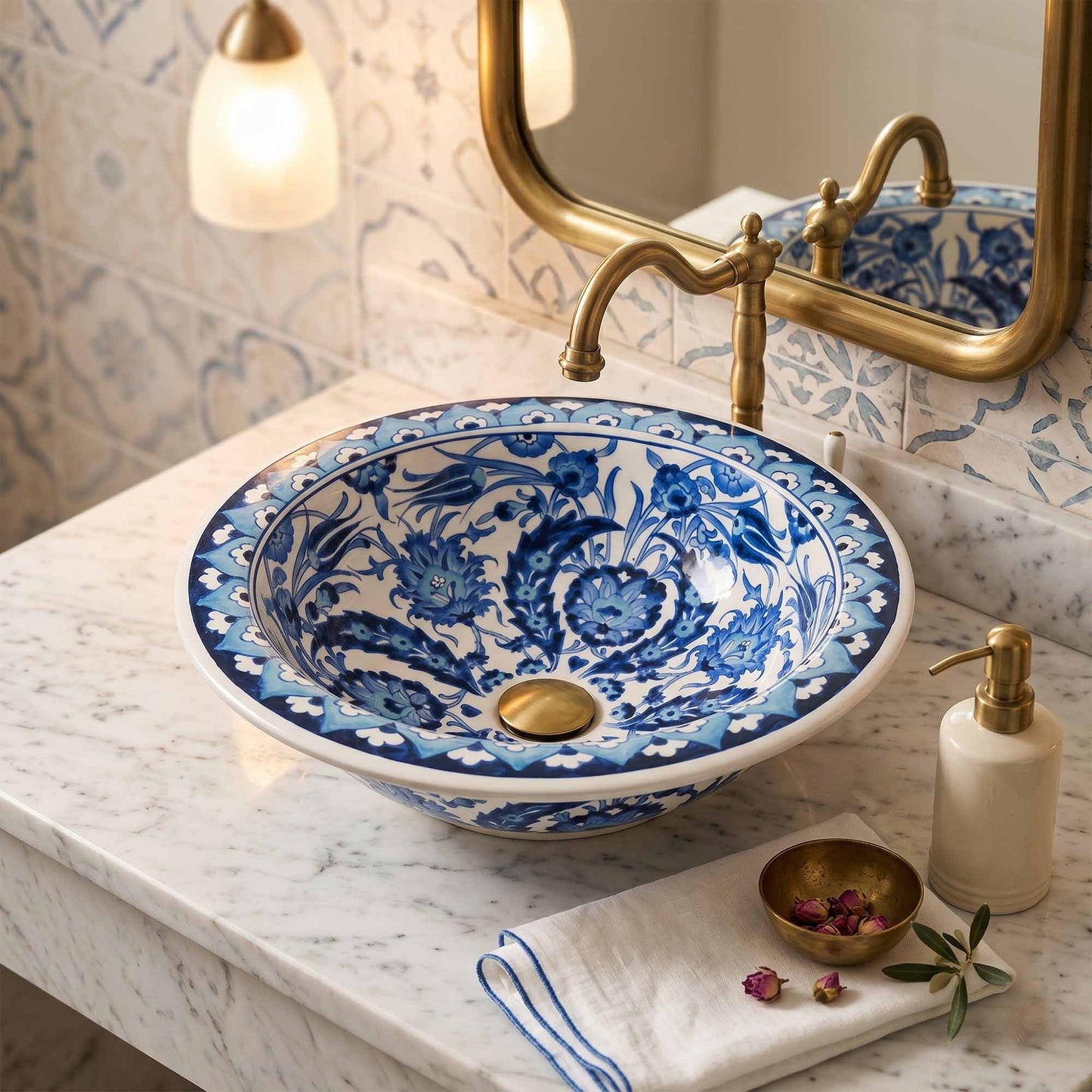 Moonlit Garden Ceramic Vessel Sink, Handpainted Bathroom Basin