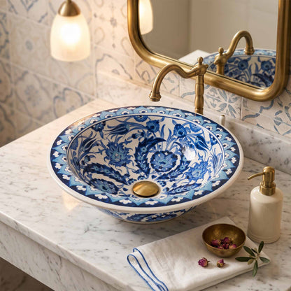 Moonlit Garden Ceramic Vessel Sink, Handpainted Bathroom Basin