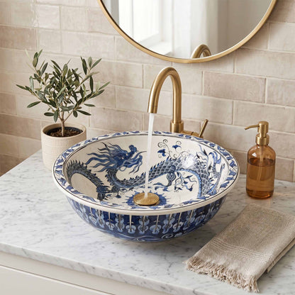 Azure Imperial Dragon Ceramic Vessel Sink, Handpainted Bathroom Basin