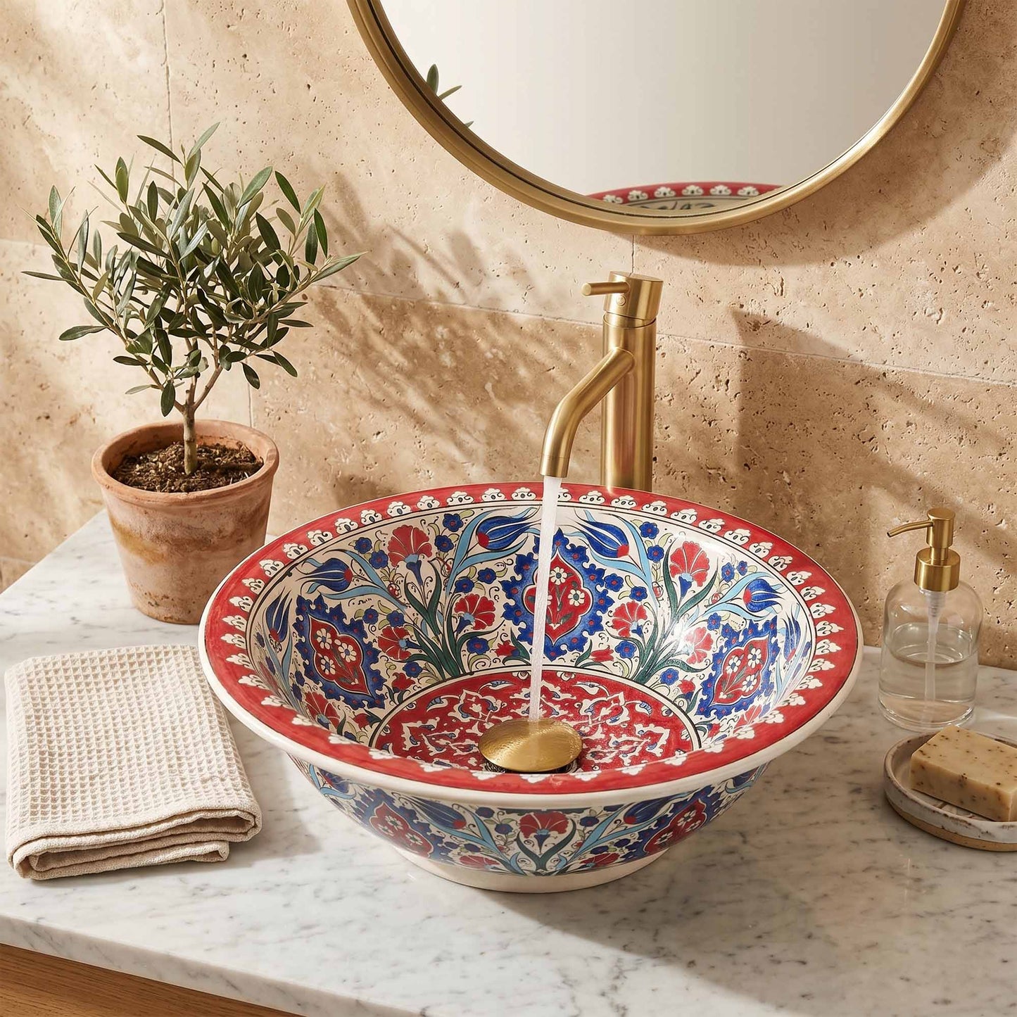 Ruby Garden Arabesque Ceramic Vessel Sink, Handpainted Bathroom Basin