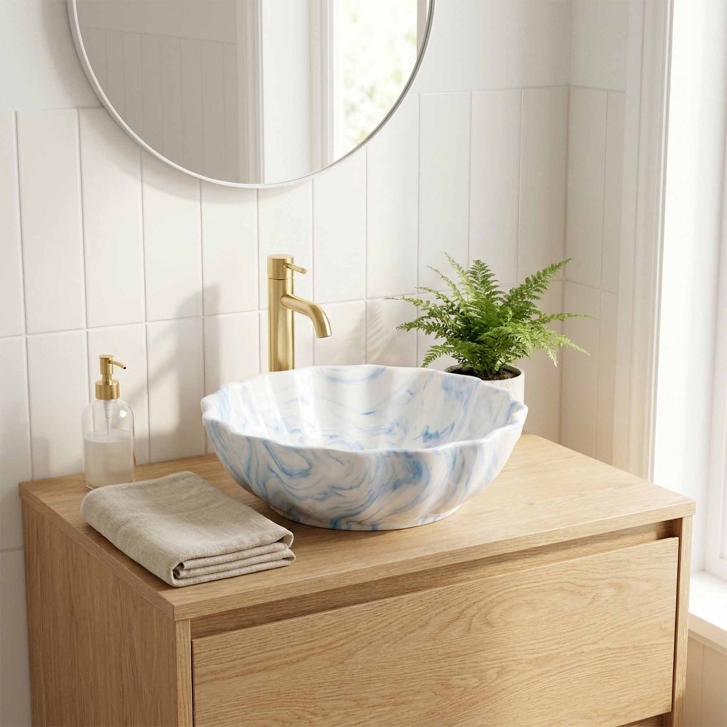 Sky Blue Petal Marble Ceramic Vessel Sink, Handpainted Artistic Bathroom Basin
