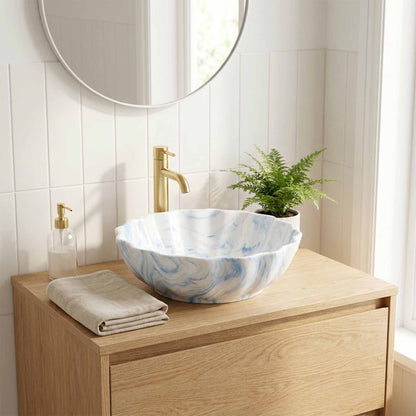 Sky Blue Petal Marble Ceramic Vessel Sink, Handpainted Artistic Bathroom Basin