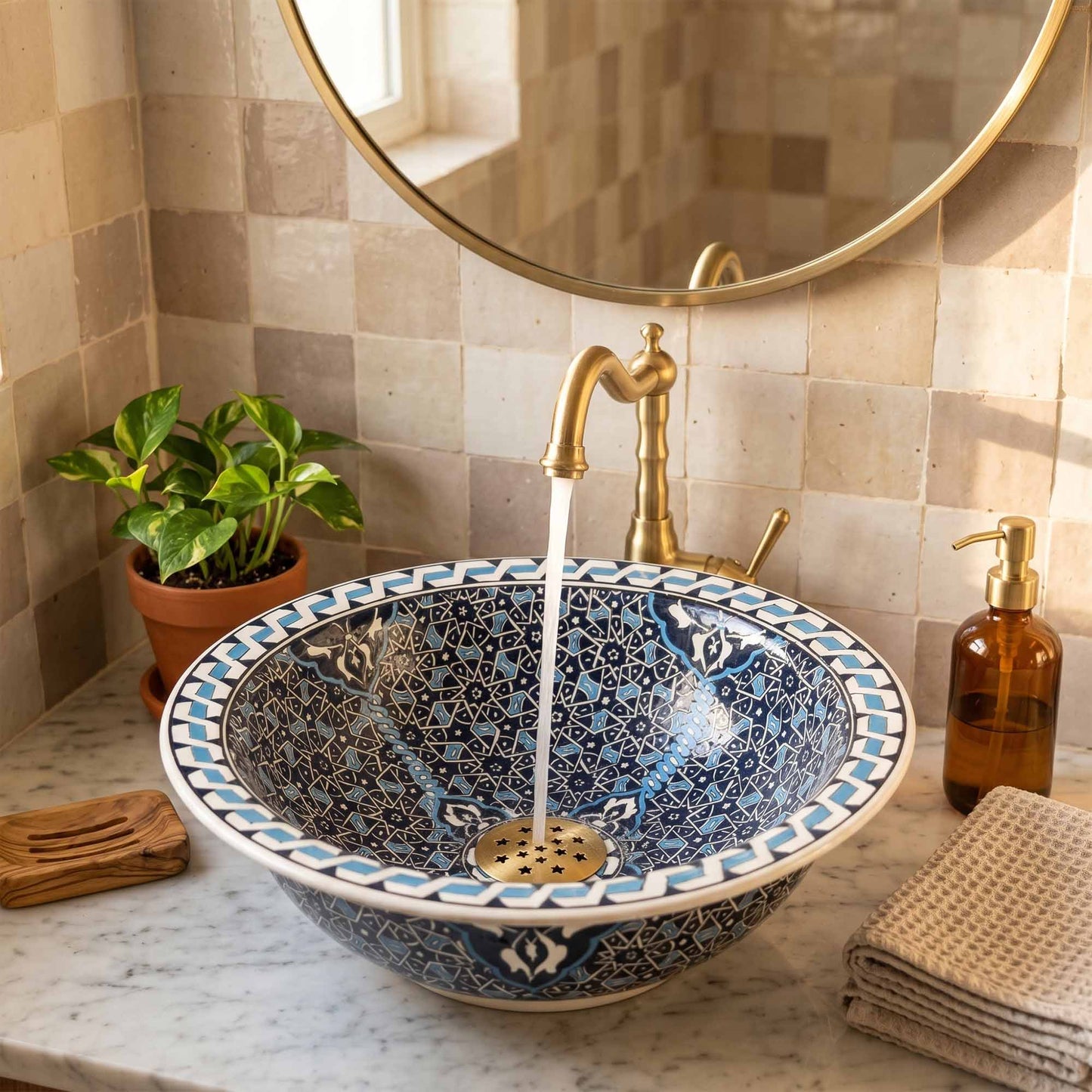 Midnight Mosaic Ceramic Vessel Sink, Handpainted Bathroom Basin