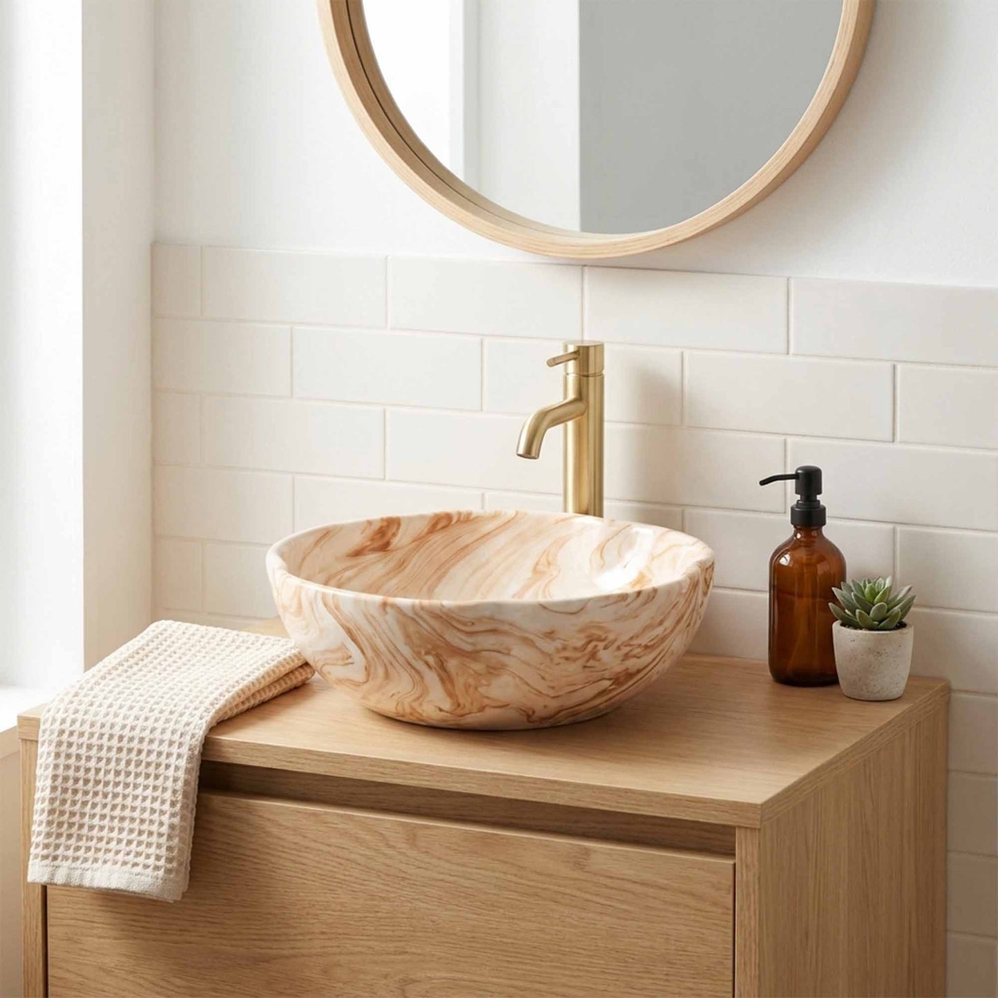Golden Sand Marble Ceramic Vessel Sink, Handpainted Bathroom Basin