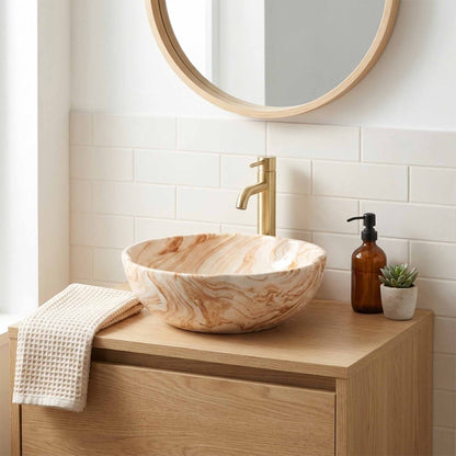 Golden Sand Marble Ceramic Vessel Sink, Handpainted Bathroom Basin