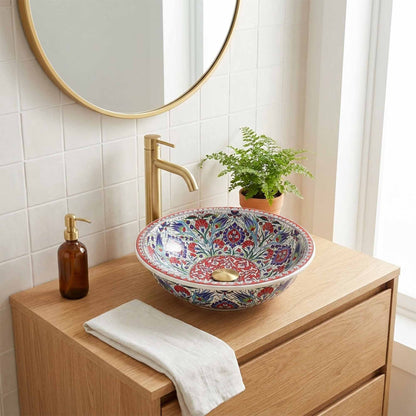 Ruby Garden Medallion Ceramic Vessel Sink, Handpainted Bathroom Basin