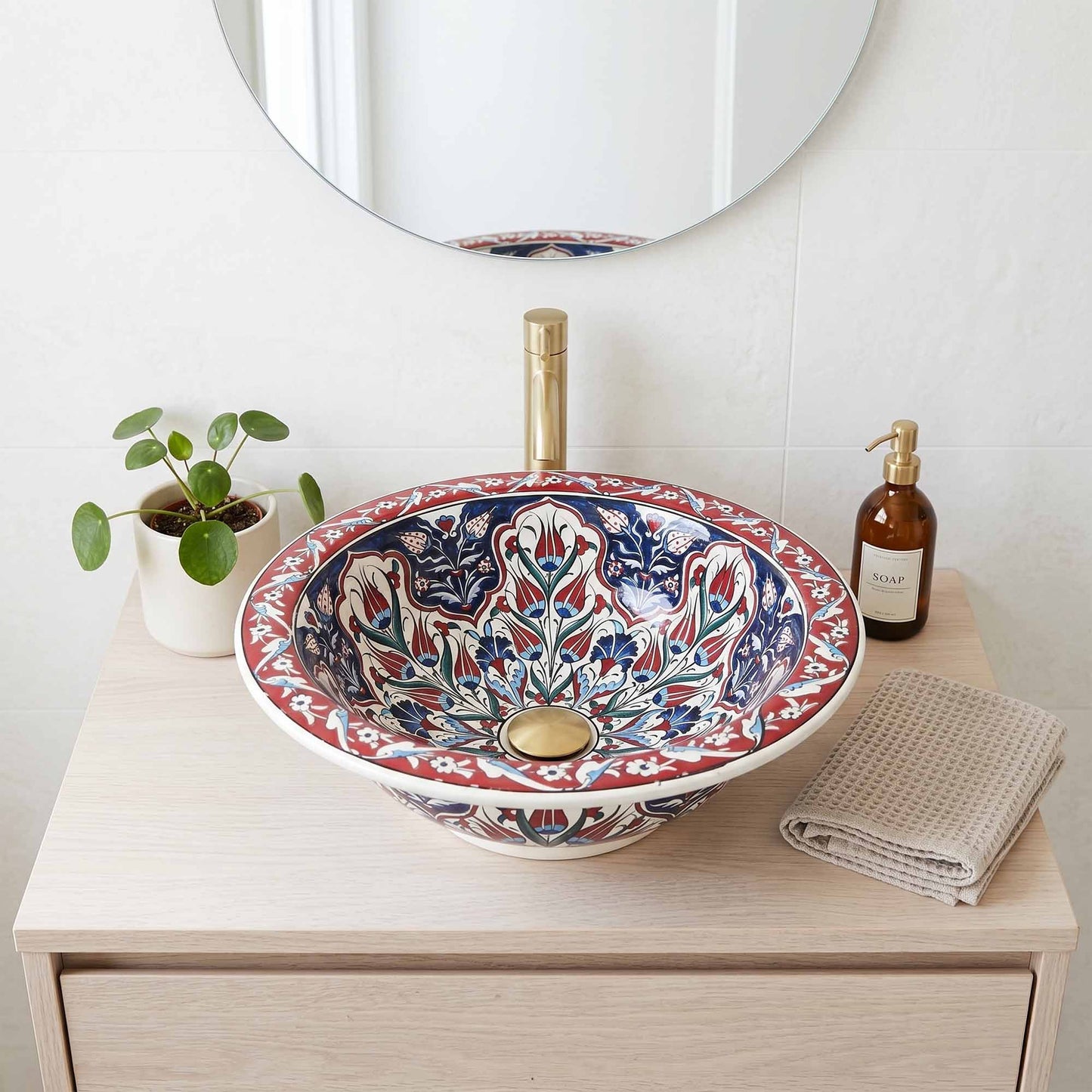 Crimson Tulip Heritage Ceramic Vessel Sink, Handpainted Bathroom Basin