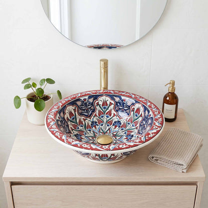 Crimson Tulip Heritage Ceramic Vessel Sink, Handpainted Bathroom Basin
