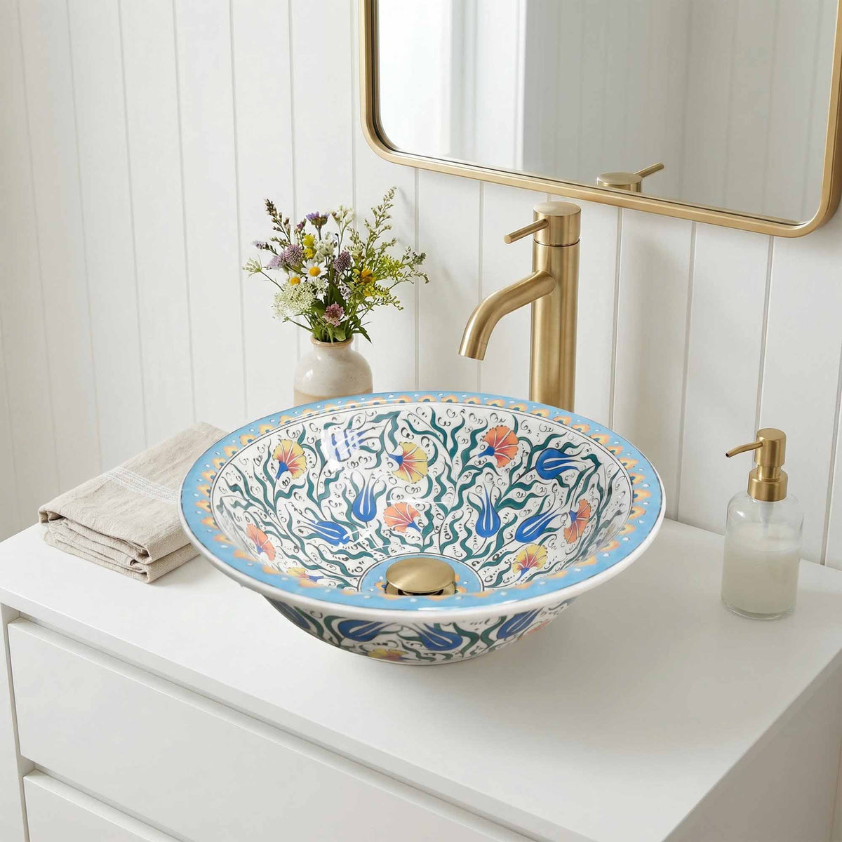 Sky Tulip Ceramic Vessel Sink, Handpainted Floral Bathroom Basin