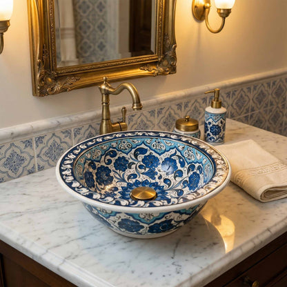 Azure Bloom Ceramic Vessel Sink, Handpainted Floral Bathroom Basin