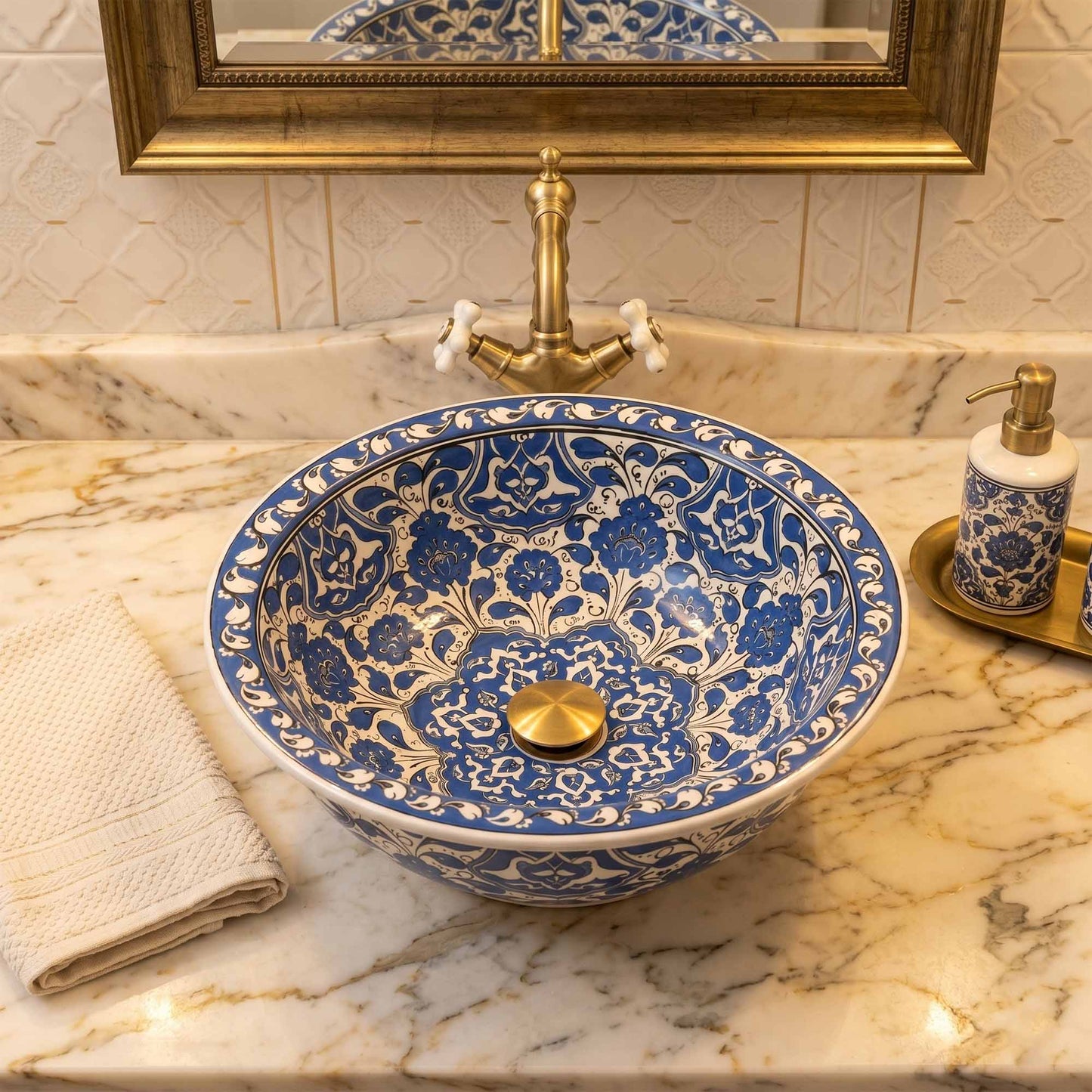 Azure Palace Floral Ceramic Vessel Sink, Handpainted Bathroom Basin