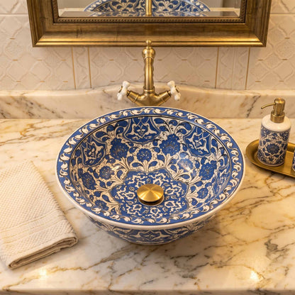 Azure Palace Floral Ceramic Vessel Sink, Handpainted Bathroom Basin