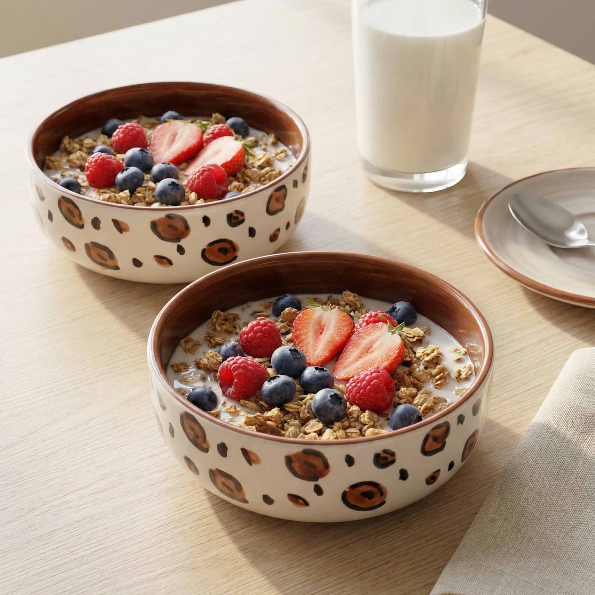 Two bowls of cereal with berries and a glass of milk on a wooden table.