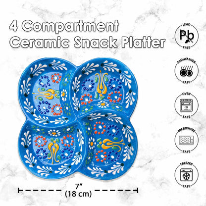 4-compartment ceramic snack platter with blue floral design on a white marble background