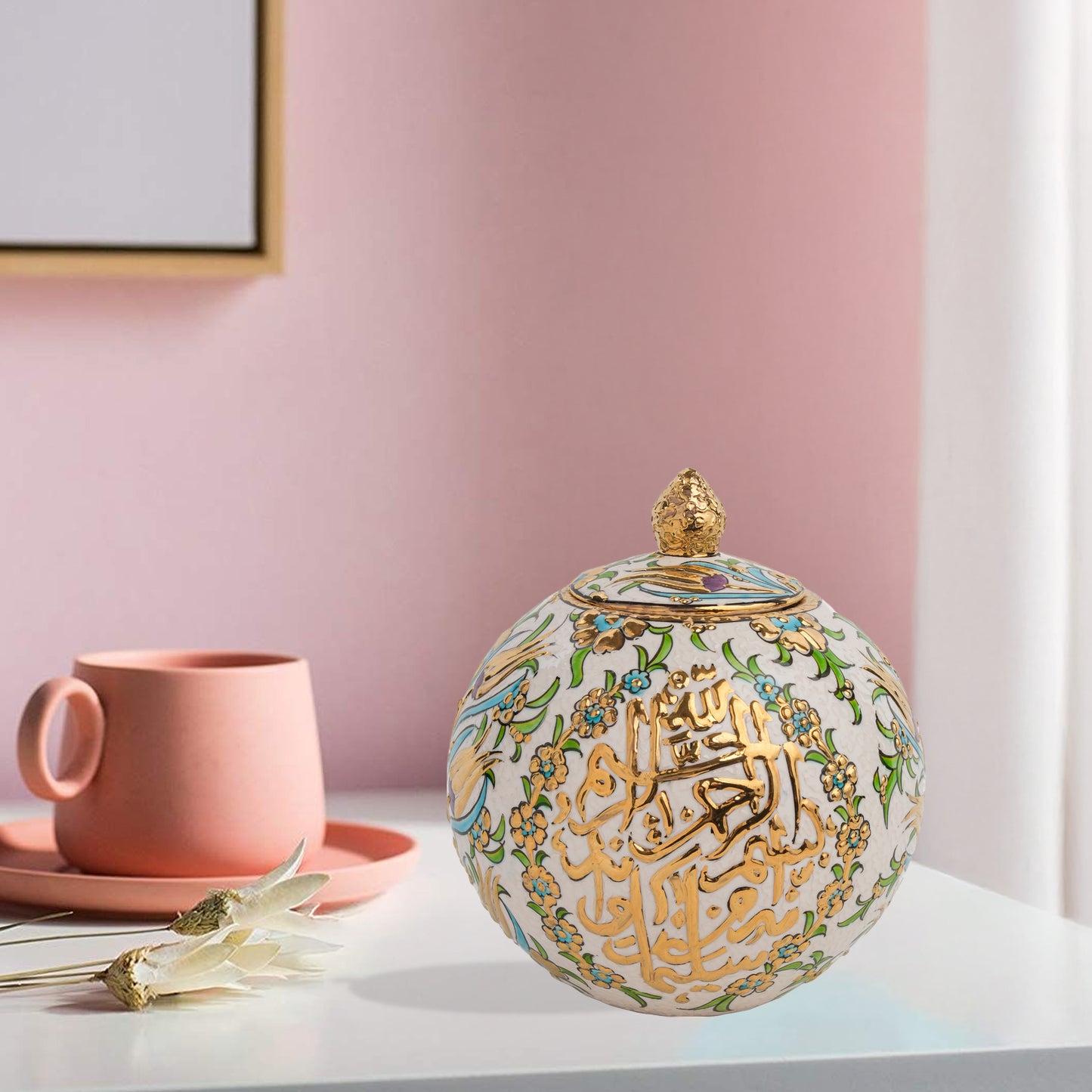 Handmade Ceramic Jar, Floral Script Decorative Jar with Lid, Ceramic Golden Globe Jar