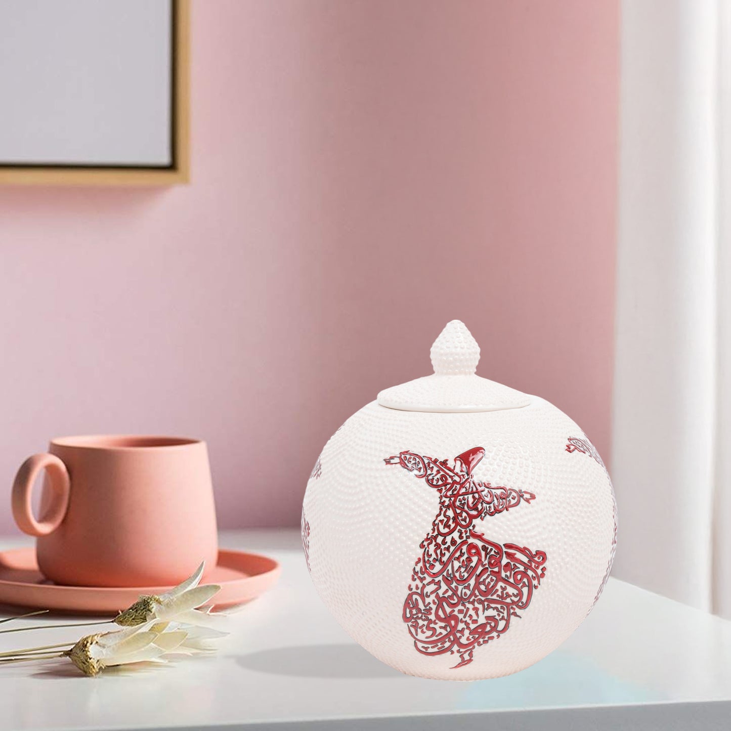 Handmade Ceramic Jar, Red Whirling Dervish Decorative Jar with Lid, Ceramic Globe Jar