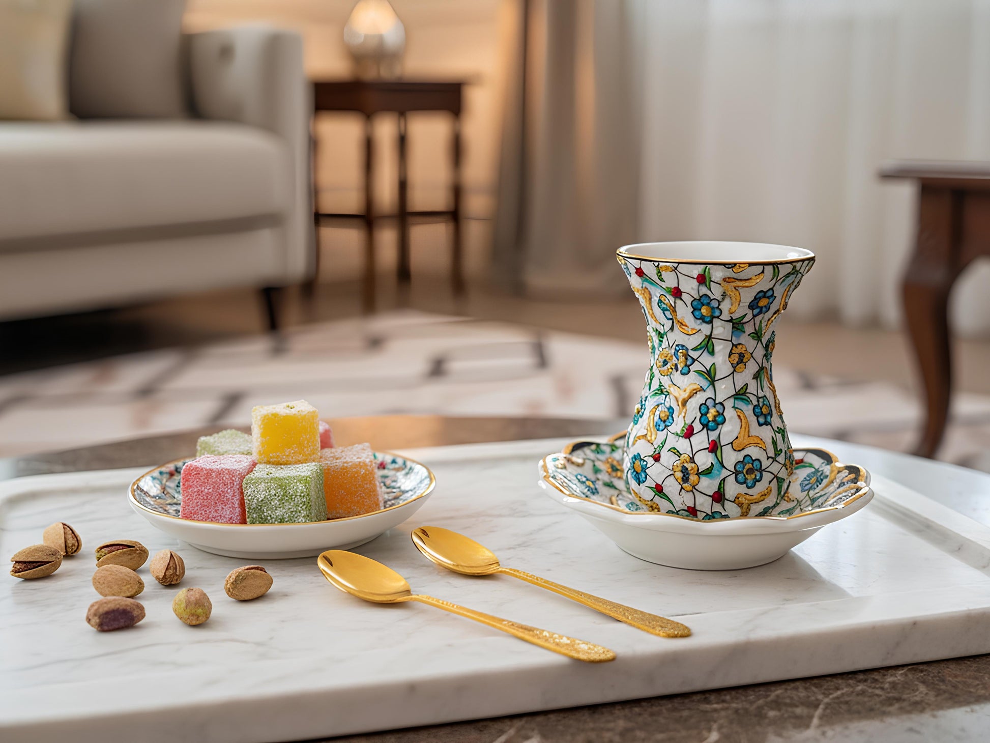 Decorative tea set with a colorful teapot and plates on a marble surface in a living room.