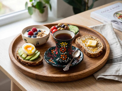 Breakfast tray with tea, toast, and fruit on a wooden table.