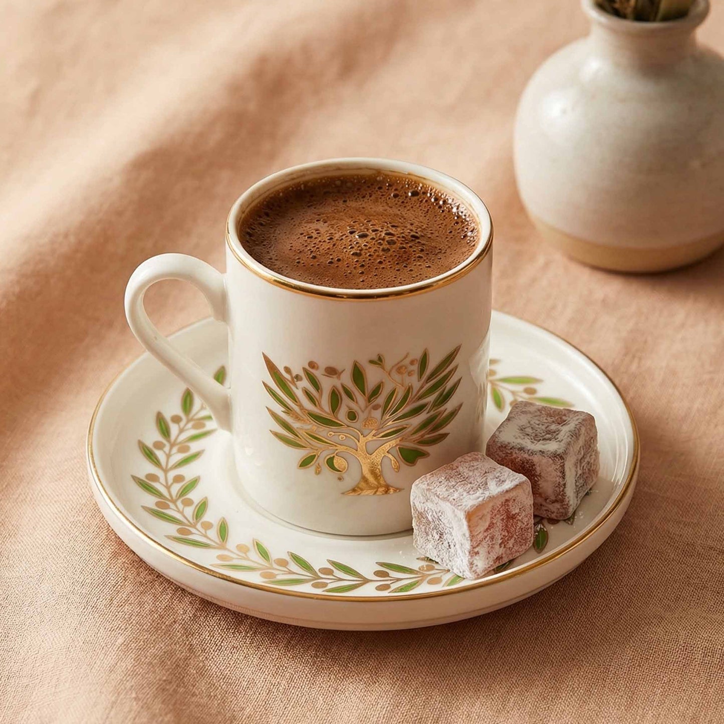 Cup of coffee with a decorative saucer and pastries on a beige surface