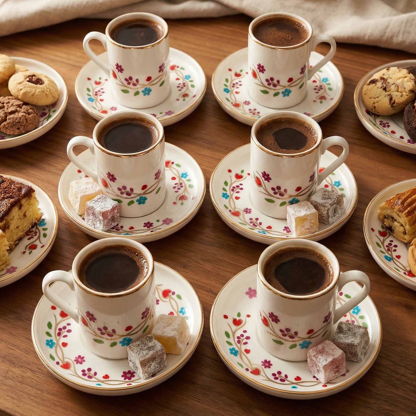 Café con leche cups with floral saucers on a wooden table with pastries.