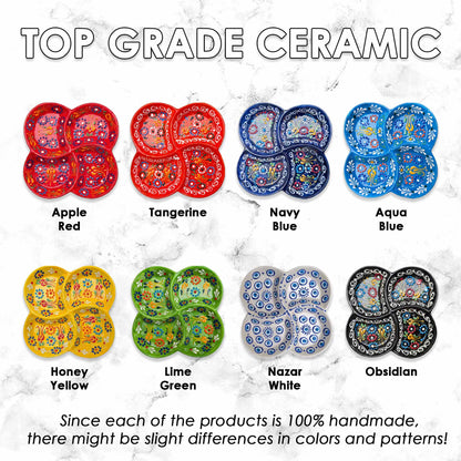 Collection of ceramic serving platter in various colors with text indicating top grade quality.