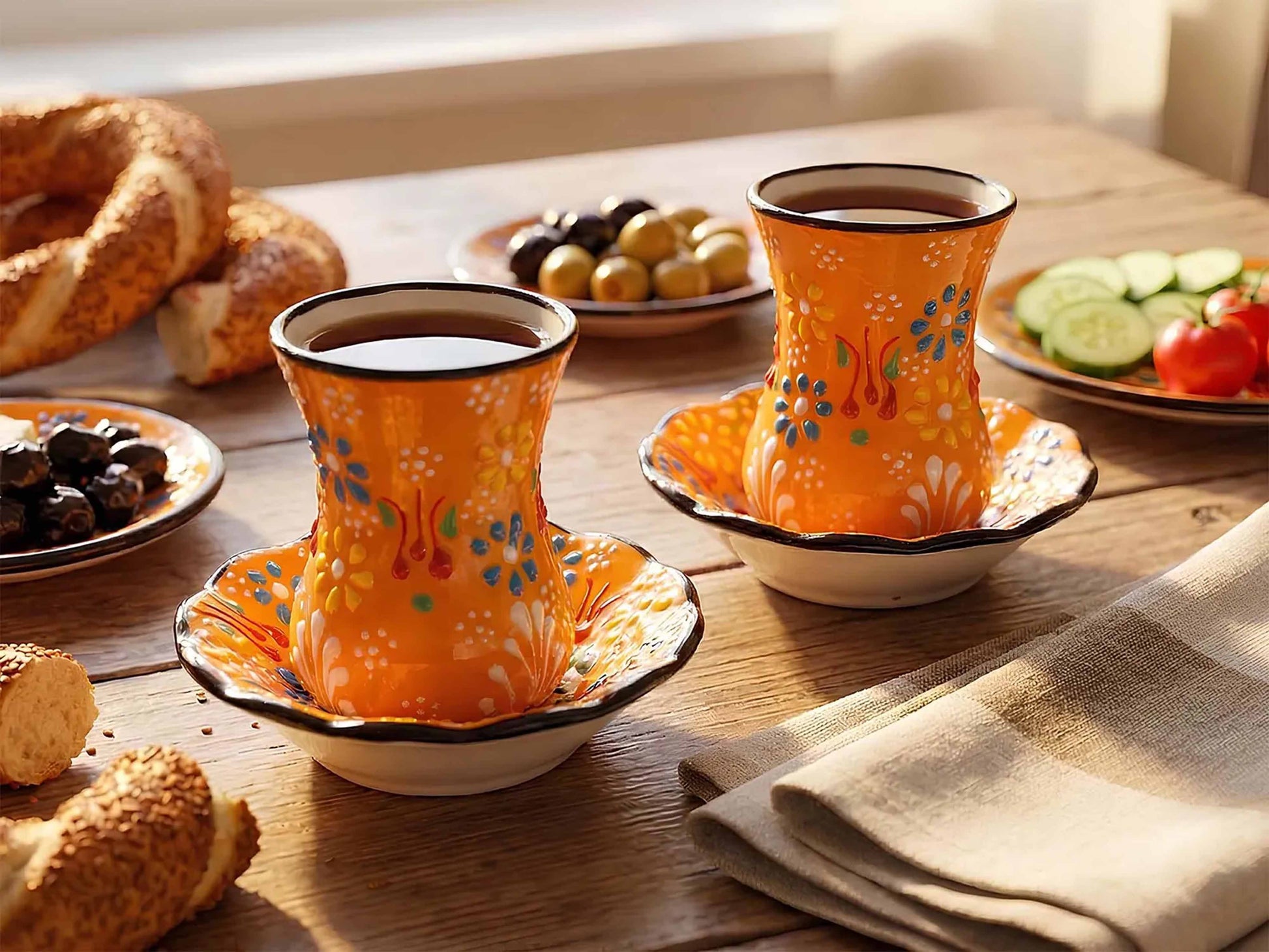 Two orange ceramic cups with floral patterns on a wooden table with bread and olives.