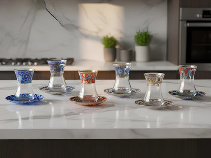 Set of decorative glass tea cups on a kitchen counter