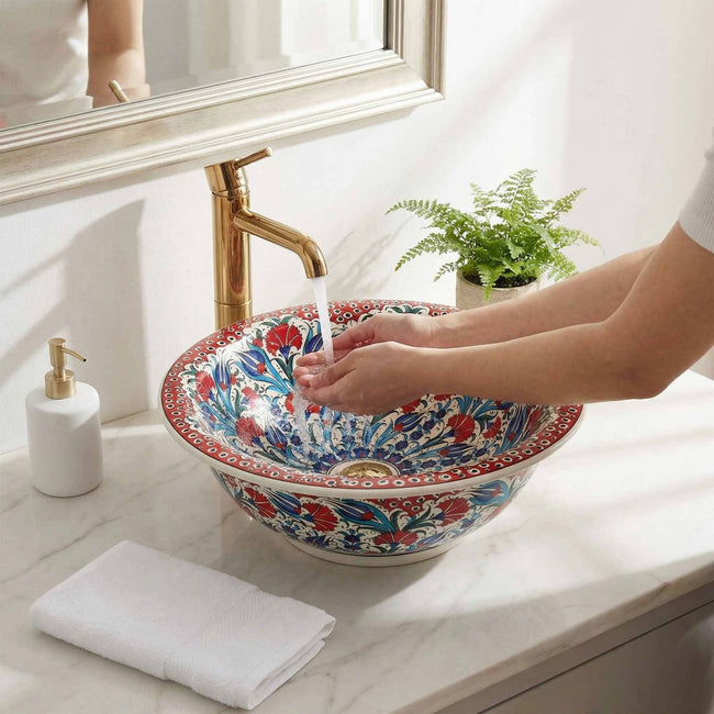 Anatolian Bloom Ceramic Vessel Sink, Handpainted Turkish Bathroom Basin