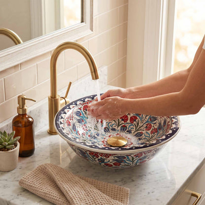 Tulip Garden Ceramic Vessel Sink, Handpainted Bathroom Basin