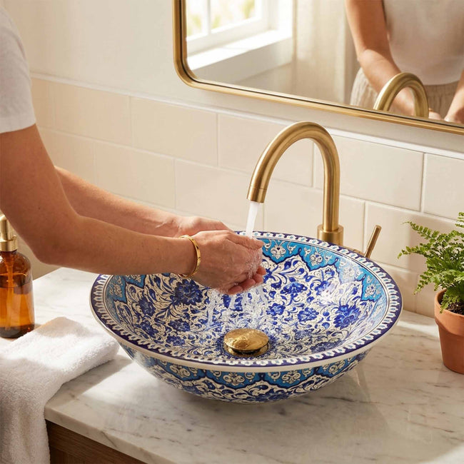 Azure Filigree Blossom Ceramic Vessel Sink, Handpainted Bathroom Basin