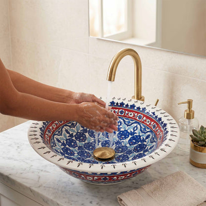 Sapphire Blossom Heritage Ceramic Vessel Sink, Handpainted Bathroom Basin