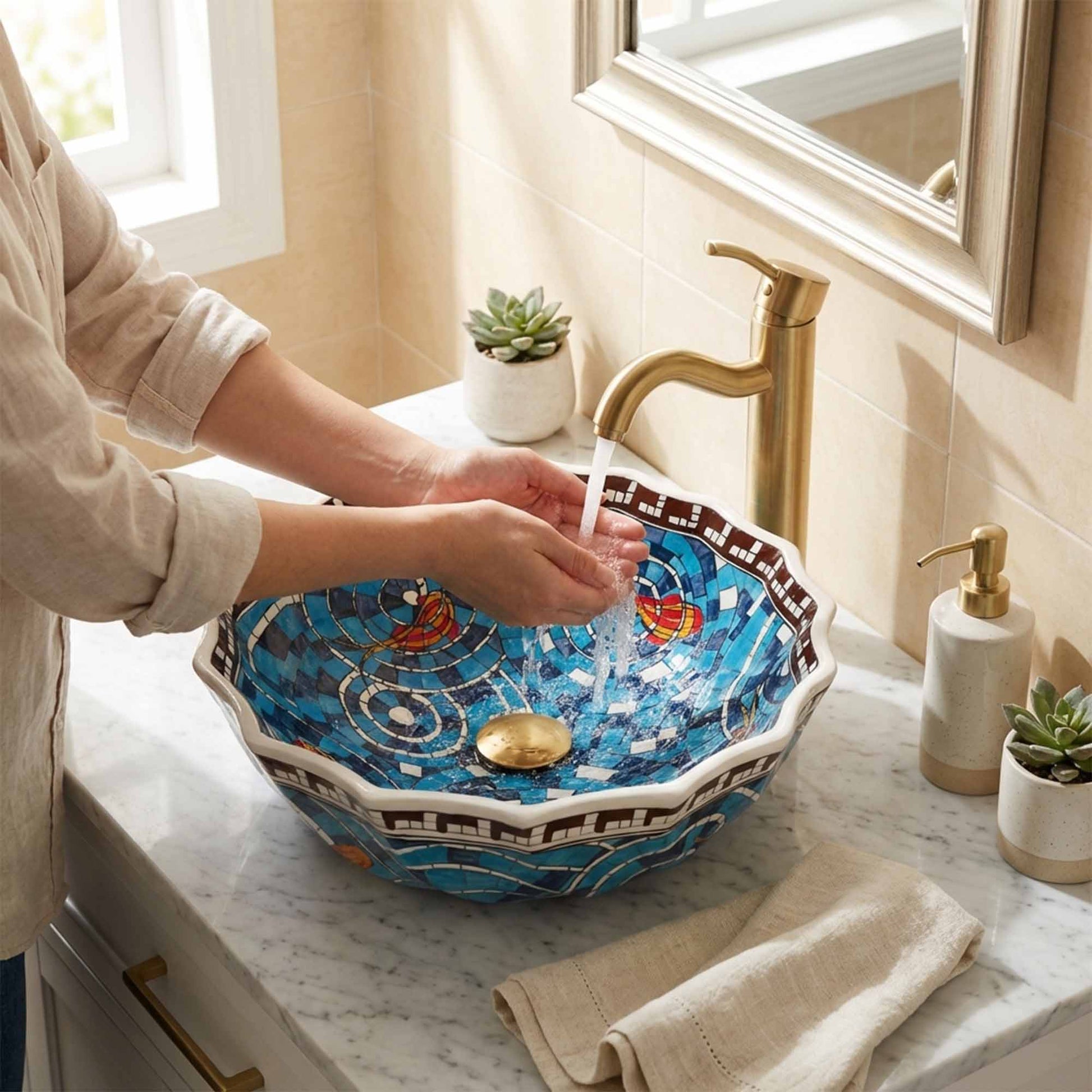 Person washing hands under a decorative sink with mosaic design in a bathroom.