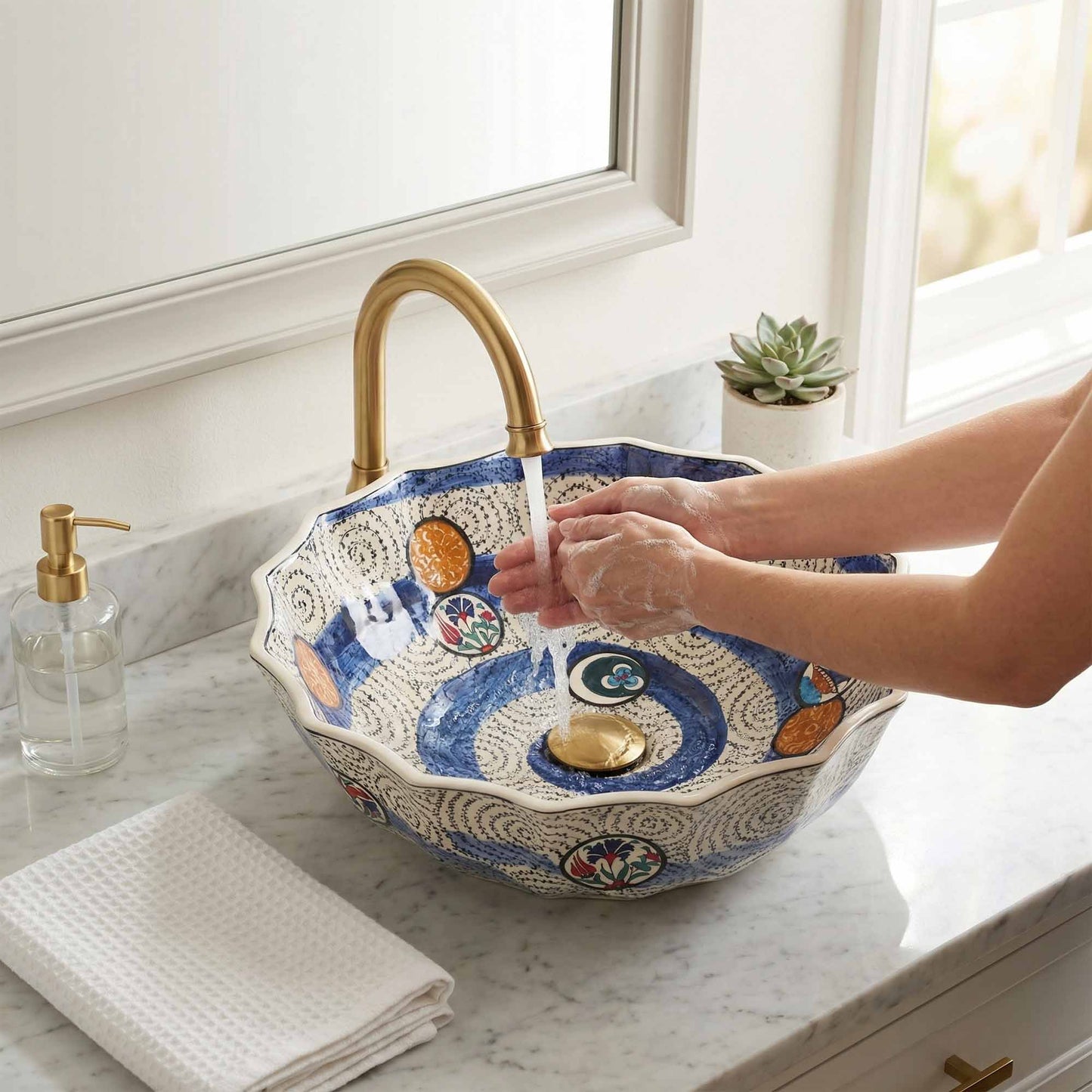 Aegean Wave Ceramic Vessel Sink, Handpainted Scalloped Bathroom Basin