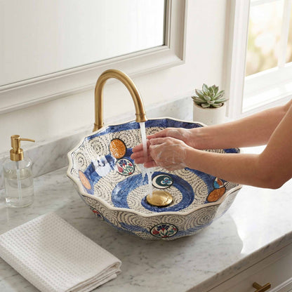 Aegean Wave Ceramic Vessel Sink, Handpainted Scalloped Bathroom Basin
