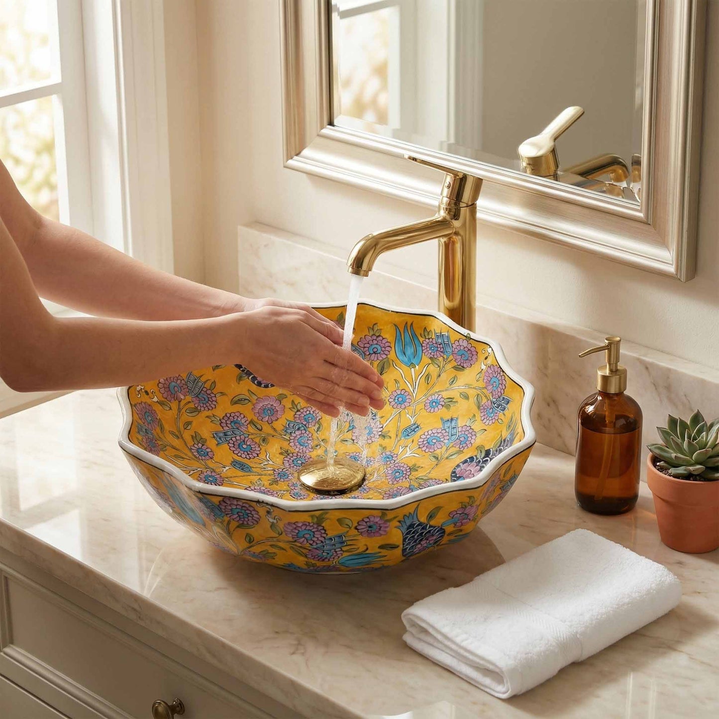 Golden Meadow Ceramic Vessel Sink, Handpainted Scalloped Bathroom Basin